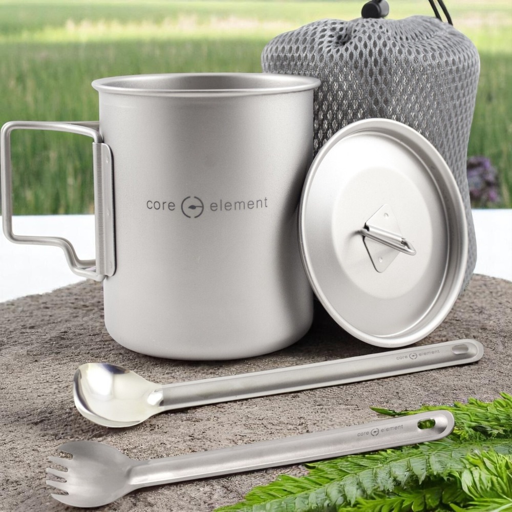 Bundle of Titanium Cookware Ultralight 15oz 450ml Cup Mug Long Spoon Spork